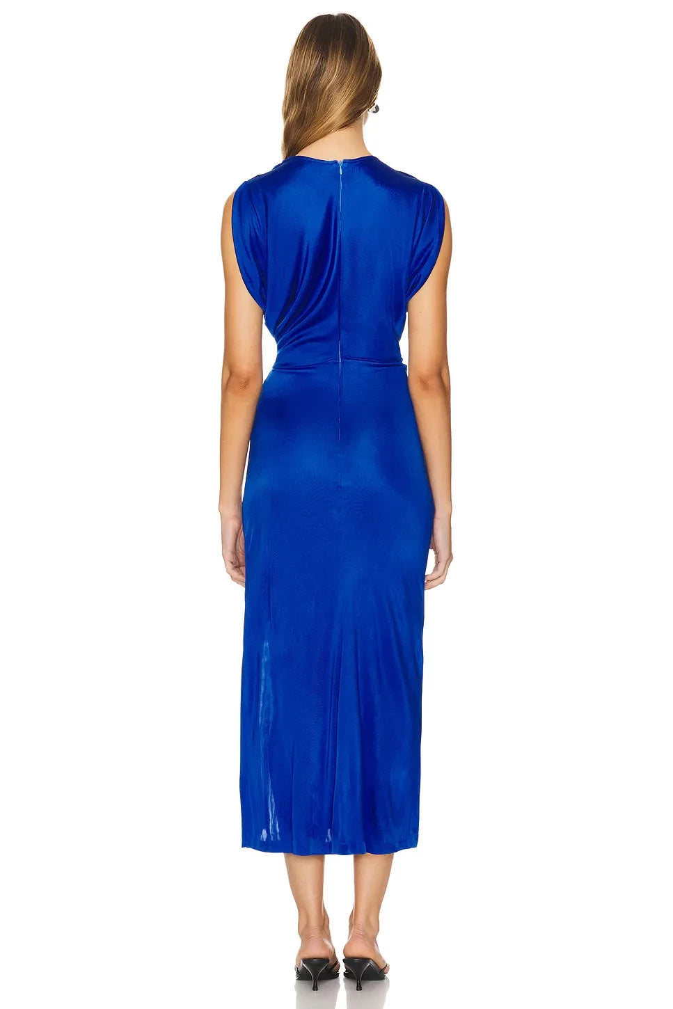 Chic Sheath V Neck Cap Sleeve Ruched Front High Slit Midi Length Prom Dress