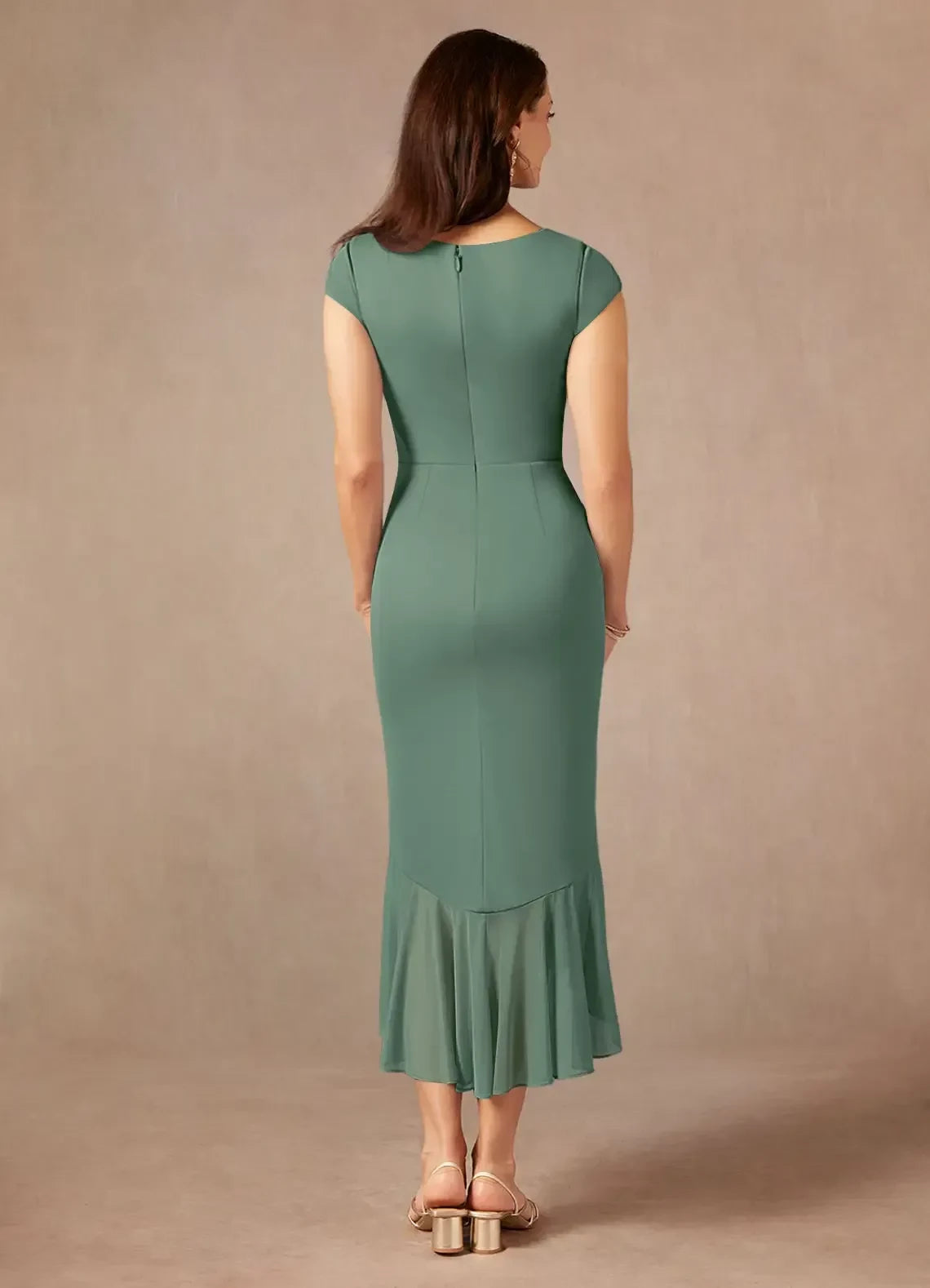 Chic Sheath V Neck Cap Sleeve Zipper Back Hi Lo Length Mother of the Bride Dress