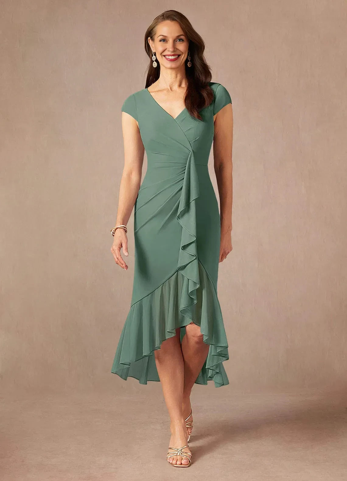 Chic Sheath V Neck Cap Sleeve Zipper Back Hi Lo Length Mother of the Bride Dress