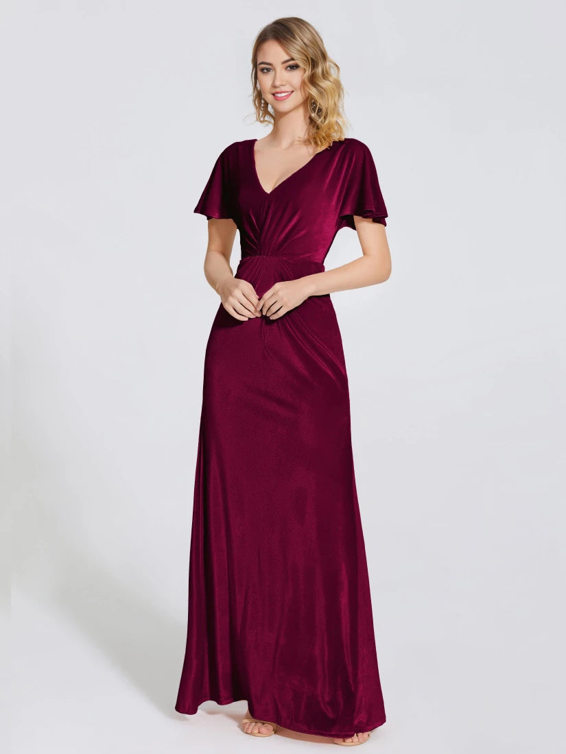 Chic Sheath V Neck Flutter Sleeve Open Back Floor Length Mother of the Bride Dress