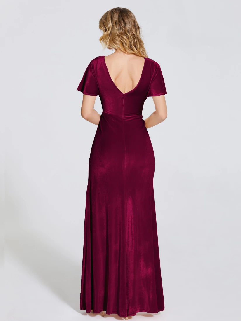 Chic Sheath V Neck Flutter Sleeve Open Back Floor Length Mother of the Bride Dress