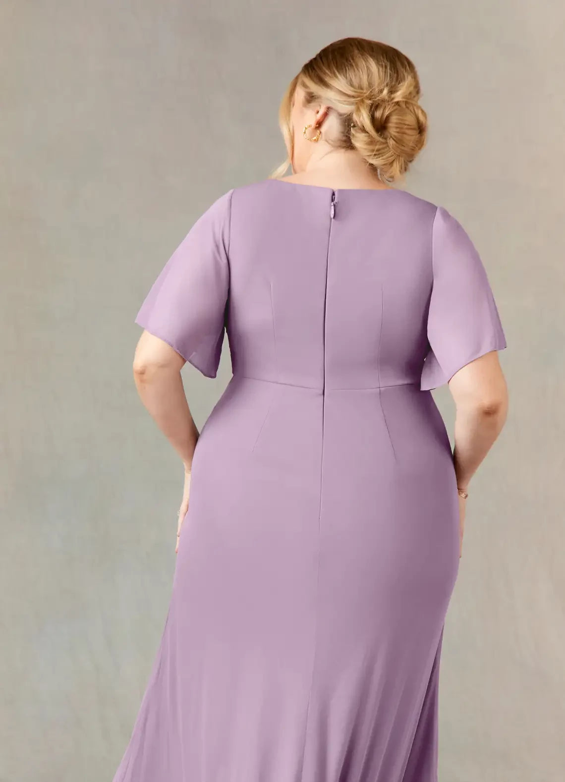 Chic Sheath V Neck Flutter Sleeve Zipper Back Plus Size Floor Length Mother of the Bride Dress