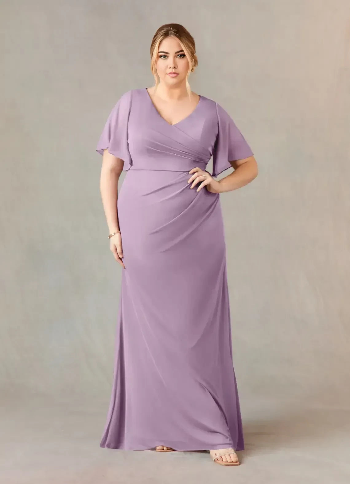 Chic Sheath V Neck Flutter Sleeve Zipper Back Plus Size Floor Length Mother of the Bride Dress