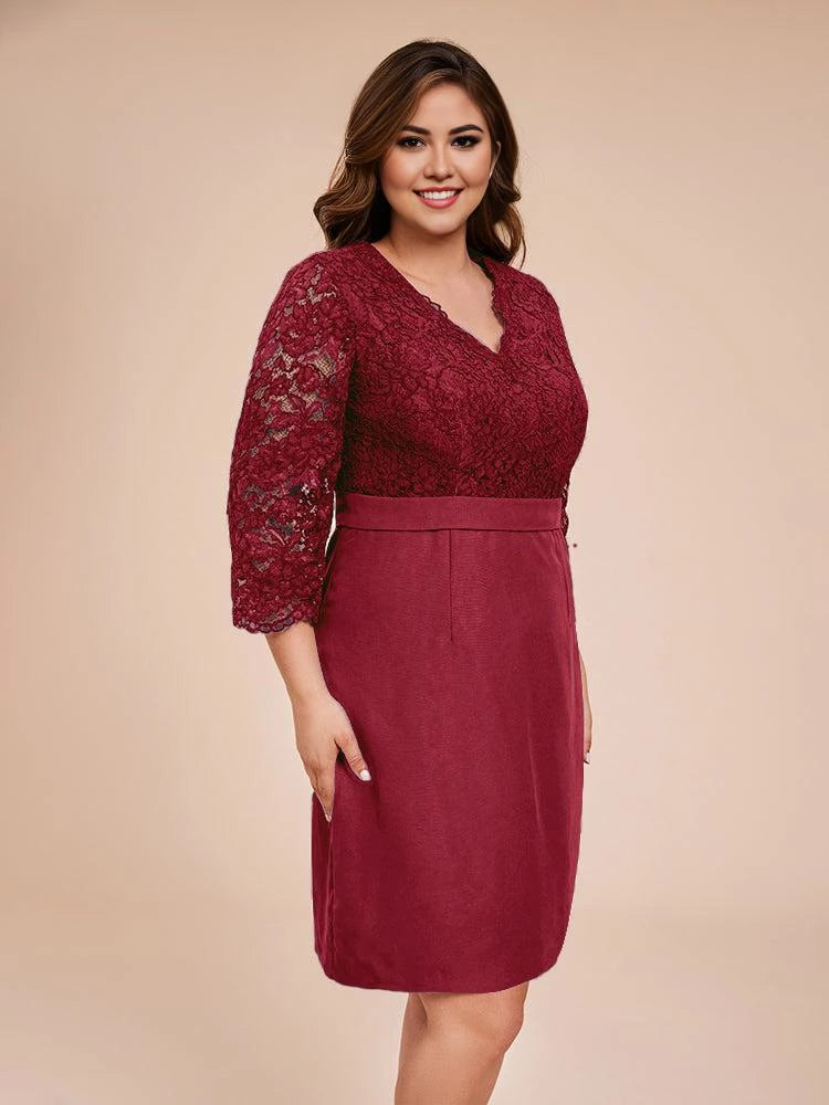 Chic Sheath V Neck Lace Three Quarter Sleeve Zip Back Plus Size Knee Length Mother of the Bride Dress