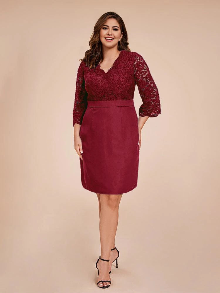 Chic Sheath V Neck Lace Three Quarter Sleeve Zip Back Plus Size Knee Length Mother of the Bride Dress