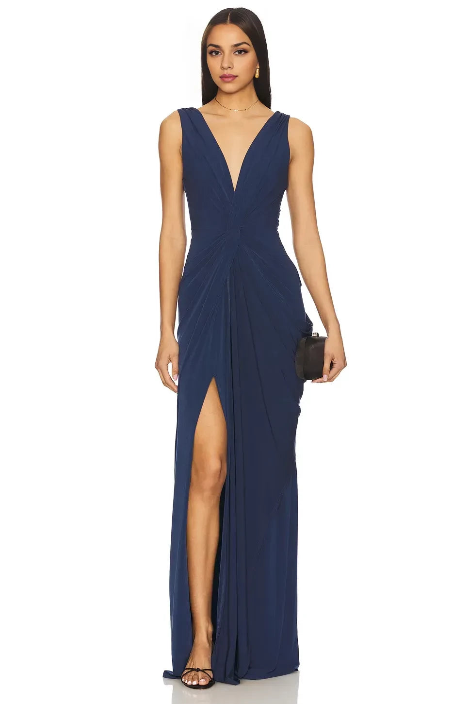 Chic Sheath V Neck Sleeveless Draped Open Back Slit Front Floor Length Evening Dress