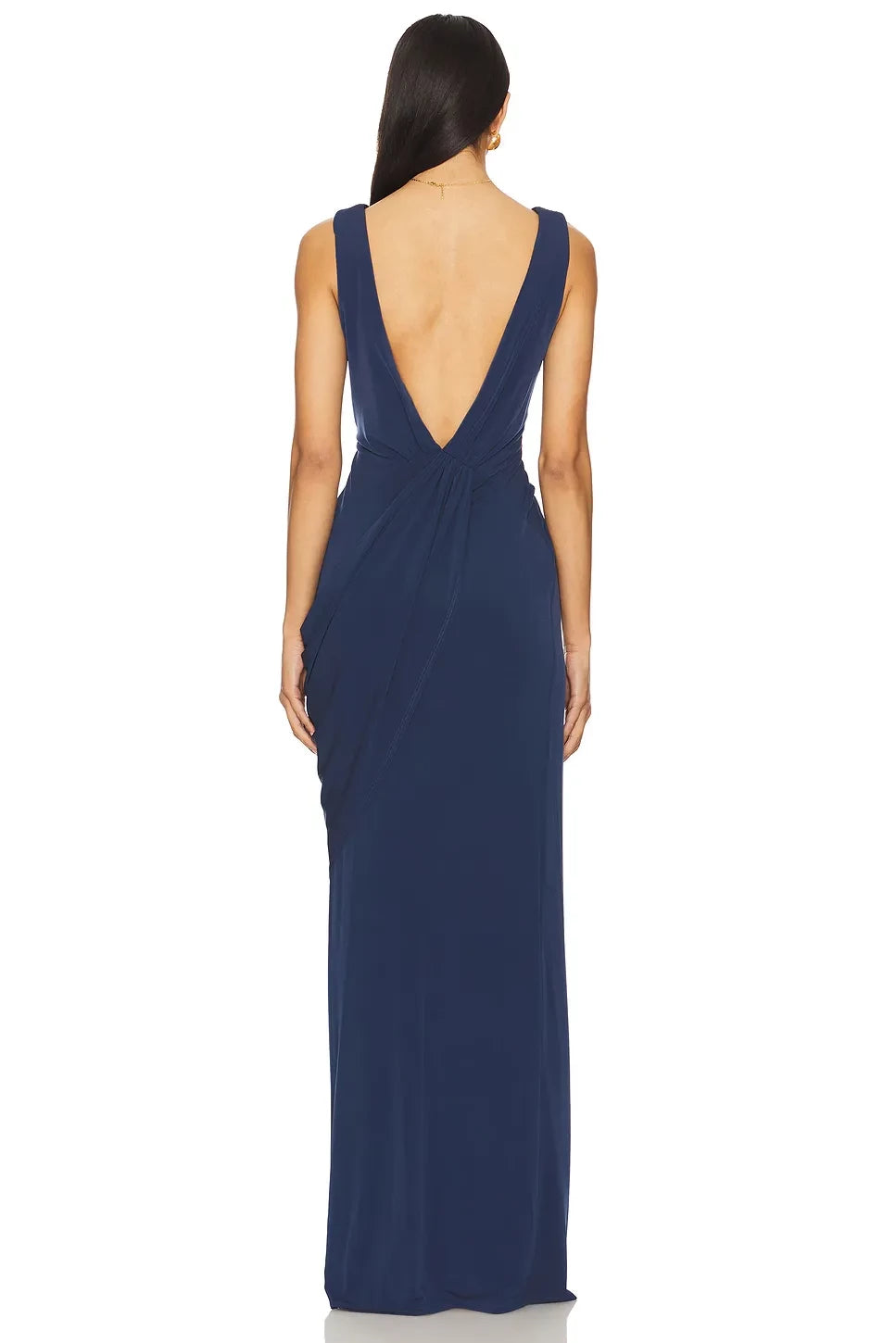 Chic Sheath V Neck Sleeveless Draped Open Back Slit Front Floor Length Evening Dress