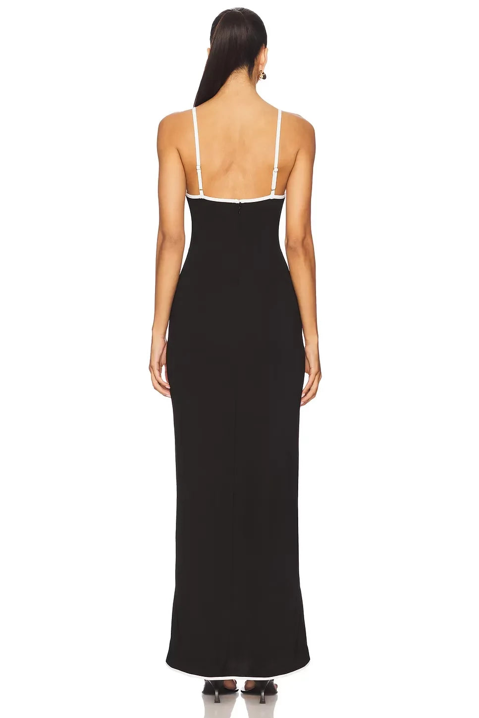 Chic Sheath V Neck Spaghetti Strap Contrast Trim Floor Length Evening Dress