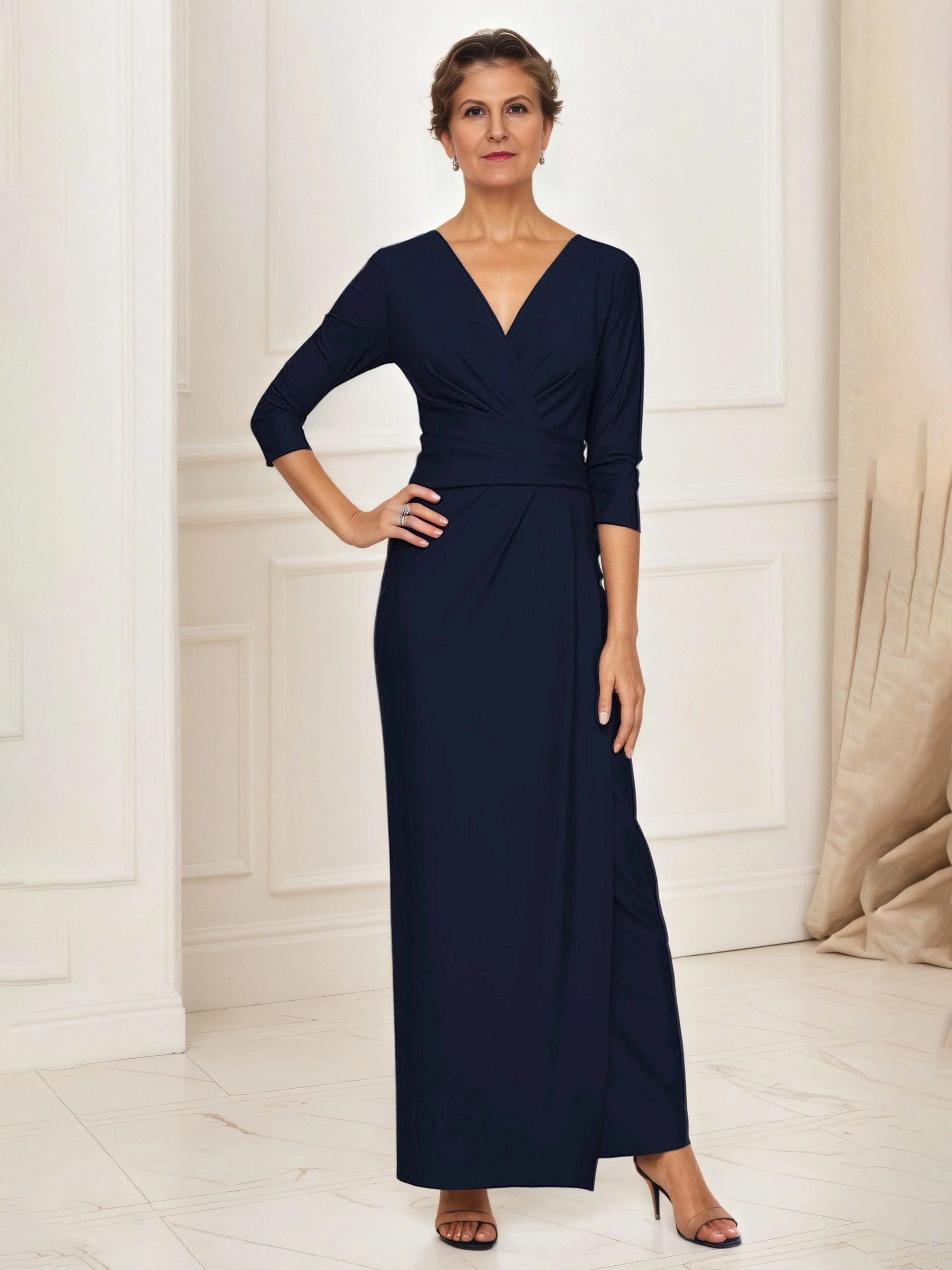Chic Sheath V Neck Three Quarter Sleeve Zip Back Floor Length Mother of the Bride Dress