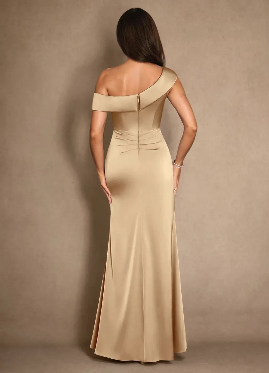 Chic Trumpet Asymmetric Off Shoulder Sleeveless Zip Back Floor Length Mother of the Bride Dress