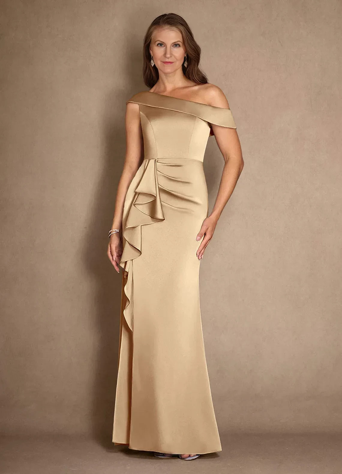 Chic Trumpet Asymmetric Off Shoulder Sleeveless Zip Back Floor Length Mother of the Bride Dress