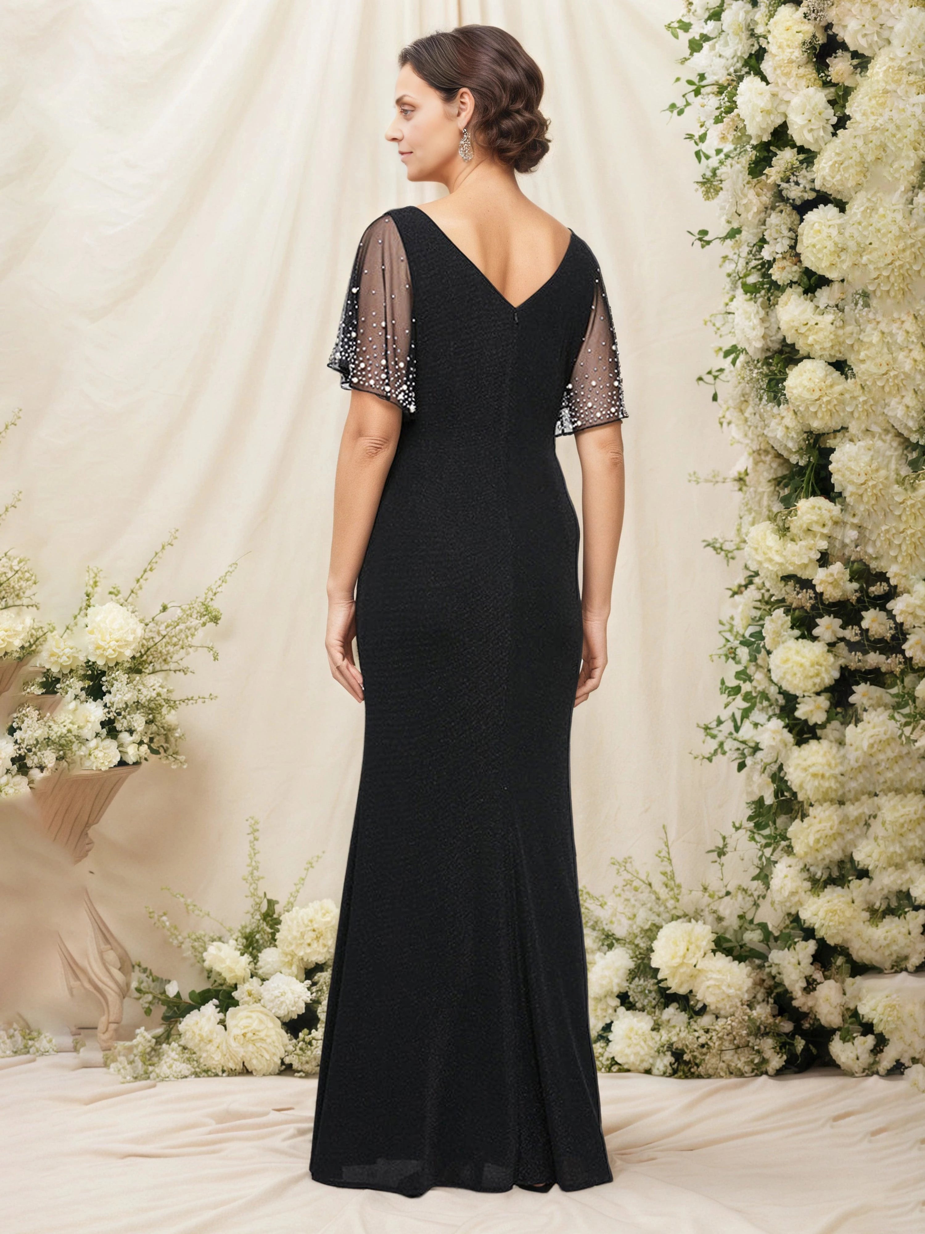 Chic Trumpet Boat Neck Beaded Flutter Sleeve V Back Floor Length Mother of the Bride Dress