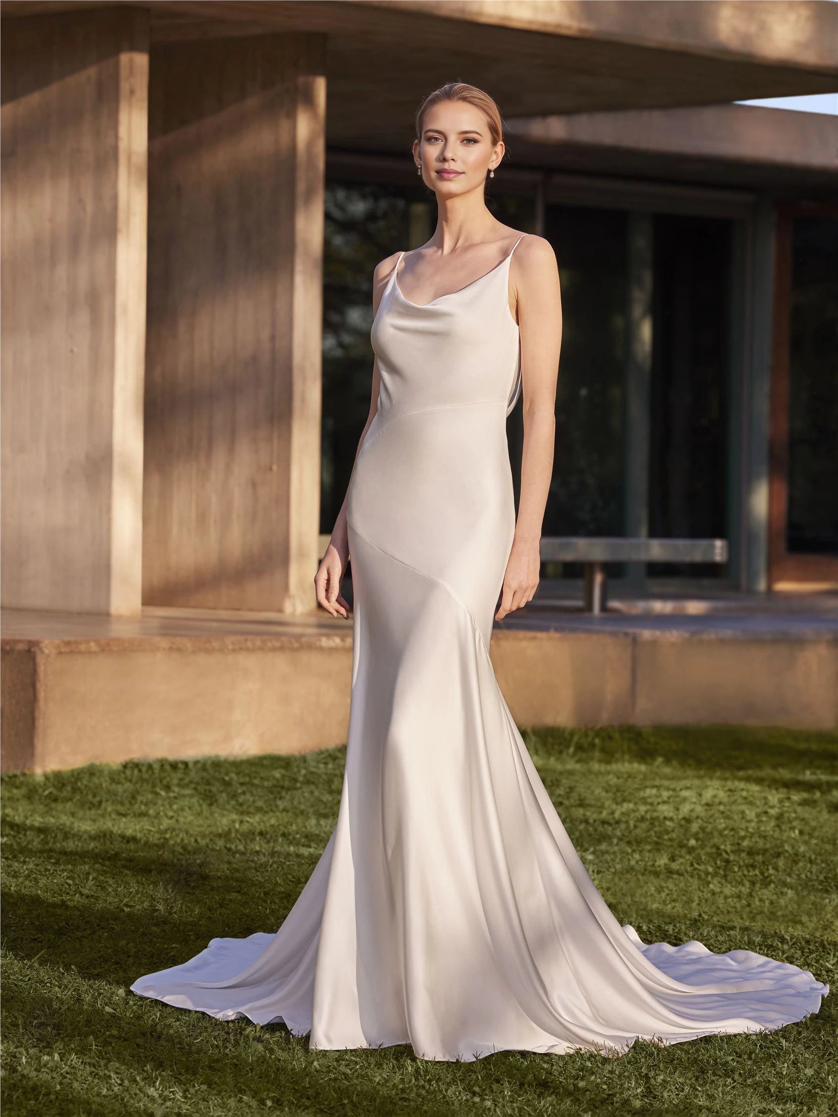 Chic Trumpet Cowl Neck Spaghetti Strap Cowl Back Floor Length Wedding Dress