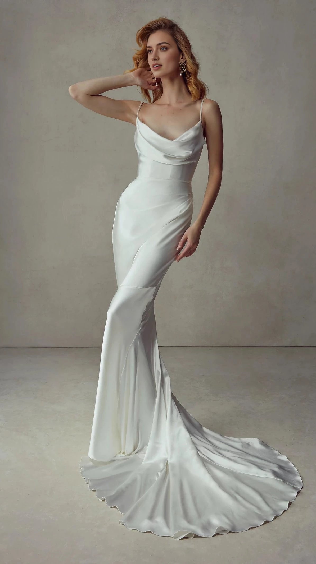 Chic Trumpet Cowl Neck Spaghetti Strap Open Back Floor Length Wedding Dress