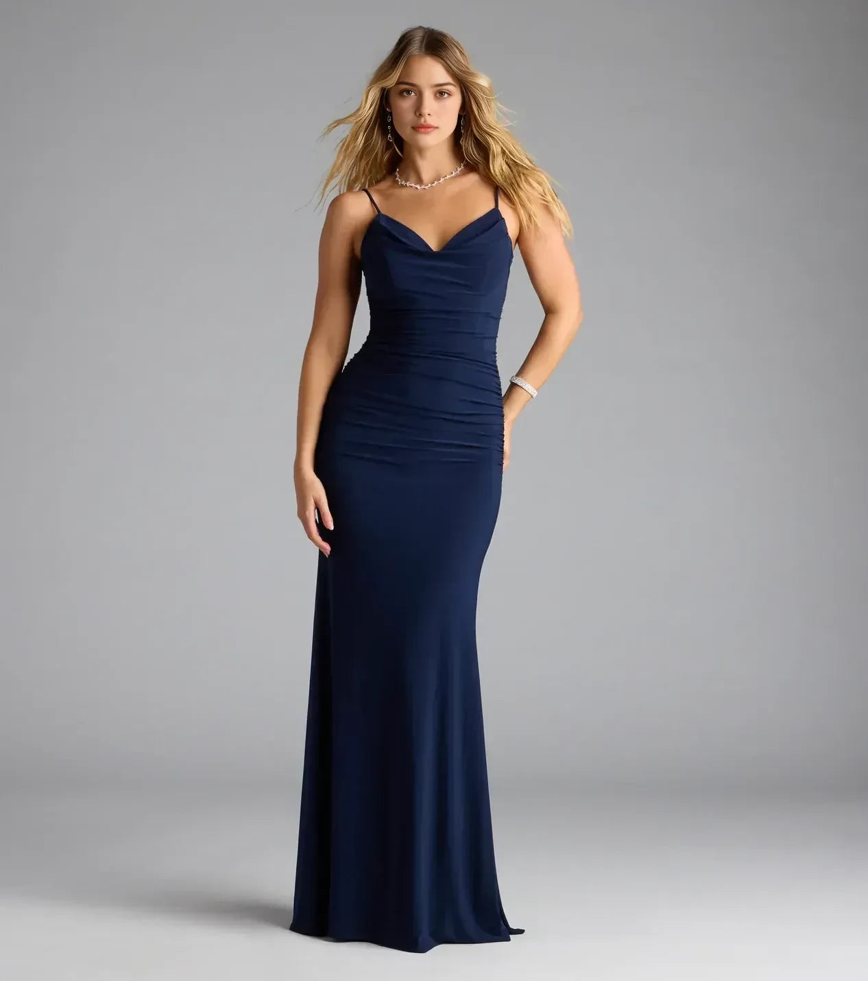 Chic Trumpet Cowl Neck Spaghetti Strap Tie Back Floor Length Prom Dress