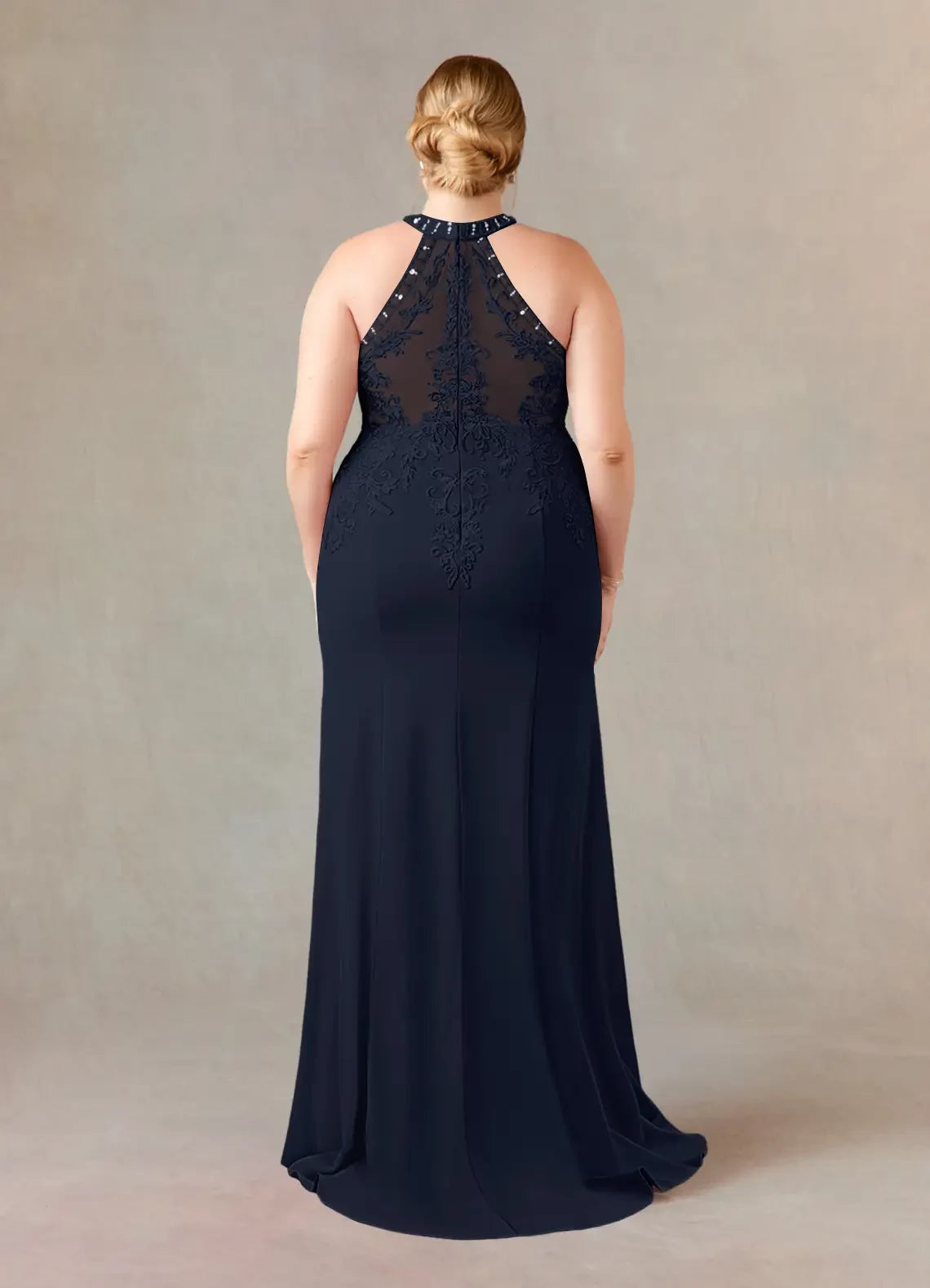 Chic Trumpet Halter Neck Sleeveless Lace Back Plus Size Floor Length Mother of the Bride Dress