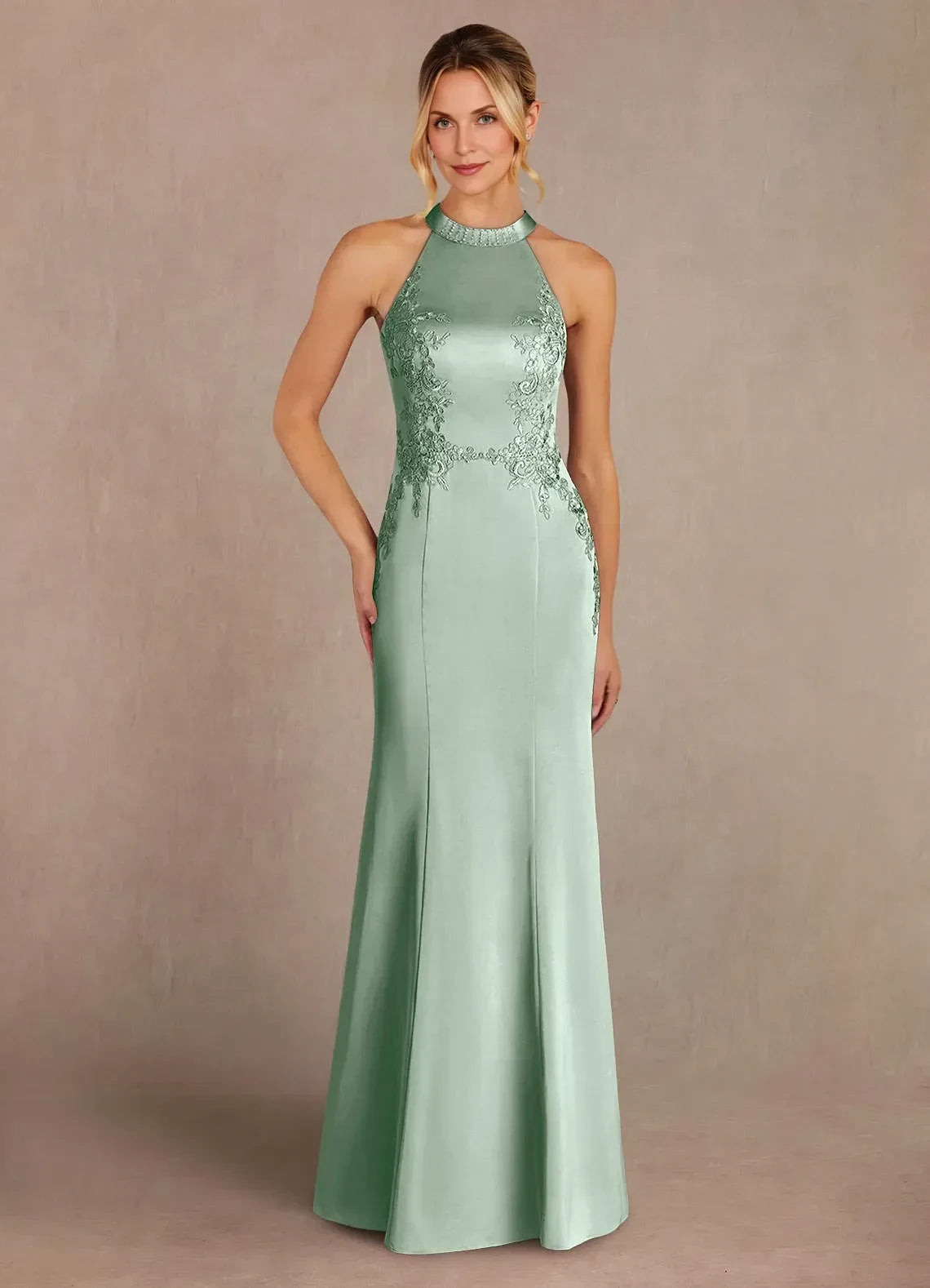 Chic Trumpet Halter Neck Sleeveless Zip Back Floor Length Mother of the Bride Dress