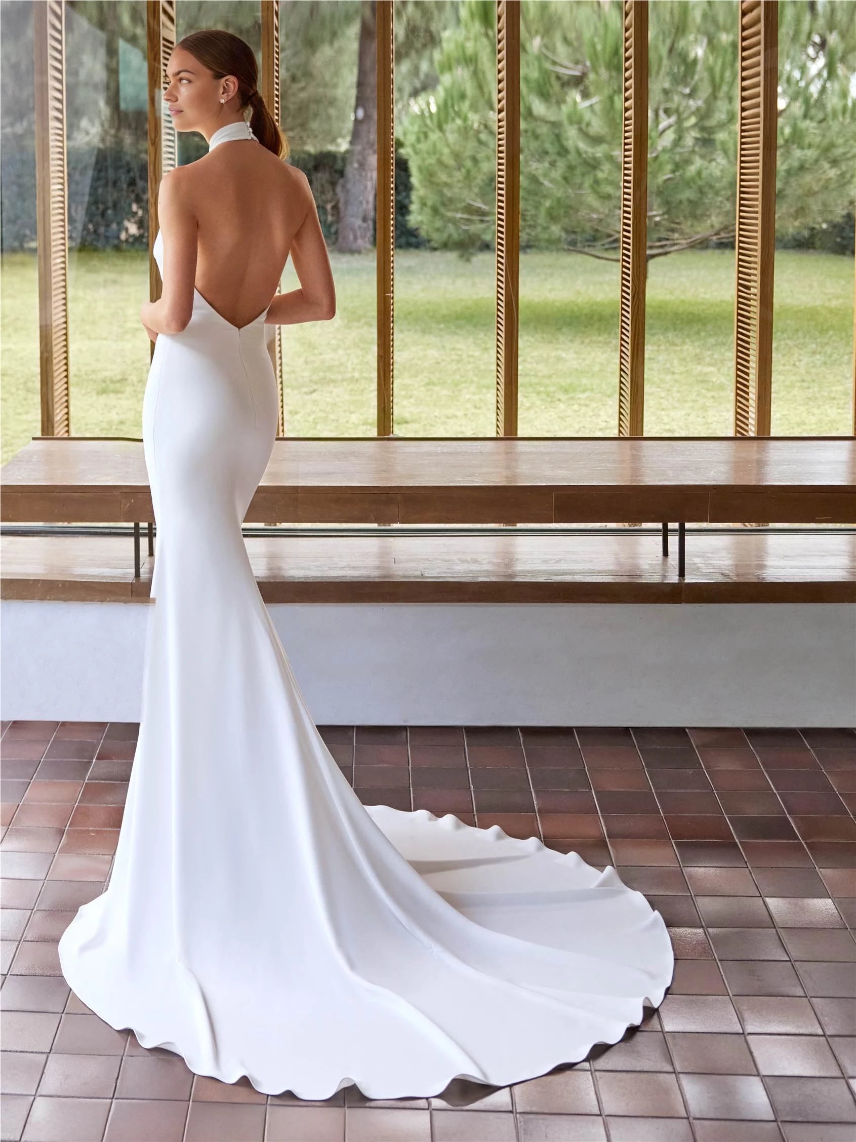 Chic Trumpet High Neck Sleeveless Open Back Floor Length Wedding Dress