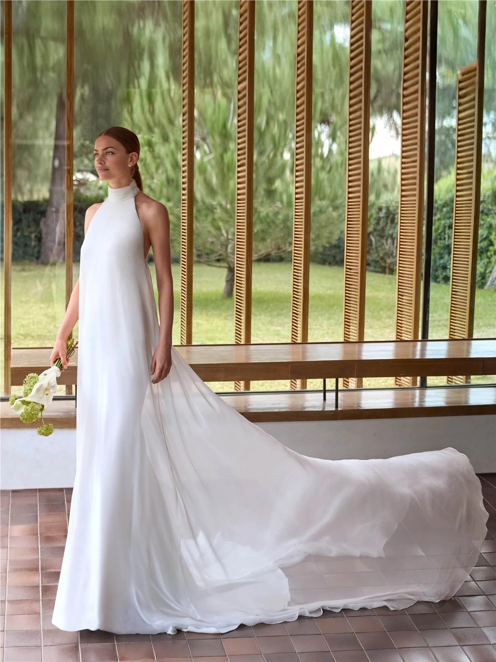 Chic Trumpet High Neck Sleeveless Open Back Floor Length Wedding Dress