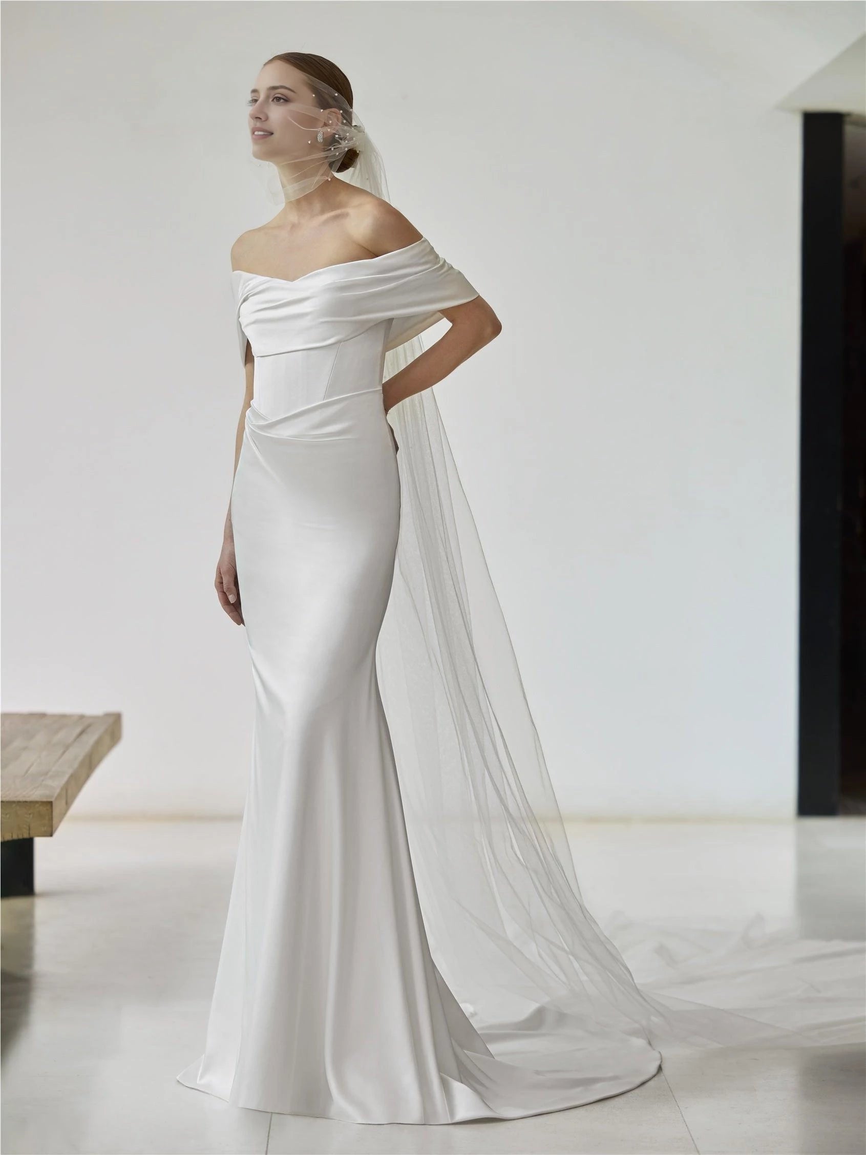 Chic Trumpet Off The Shoulder Short Sleeve Button Back Floor Length Wedding Dress