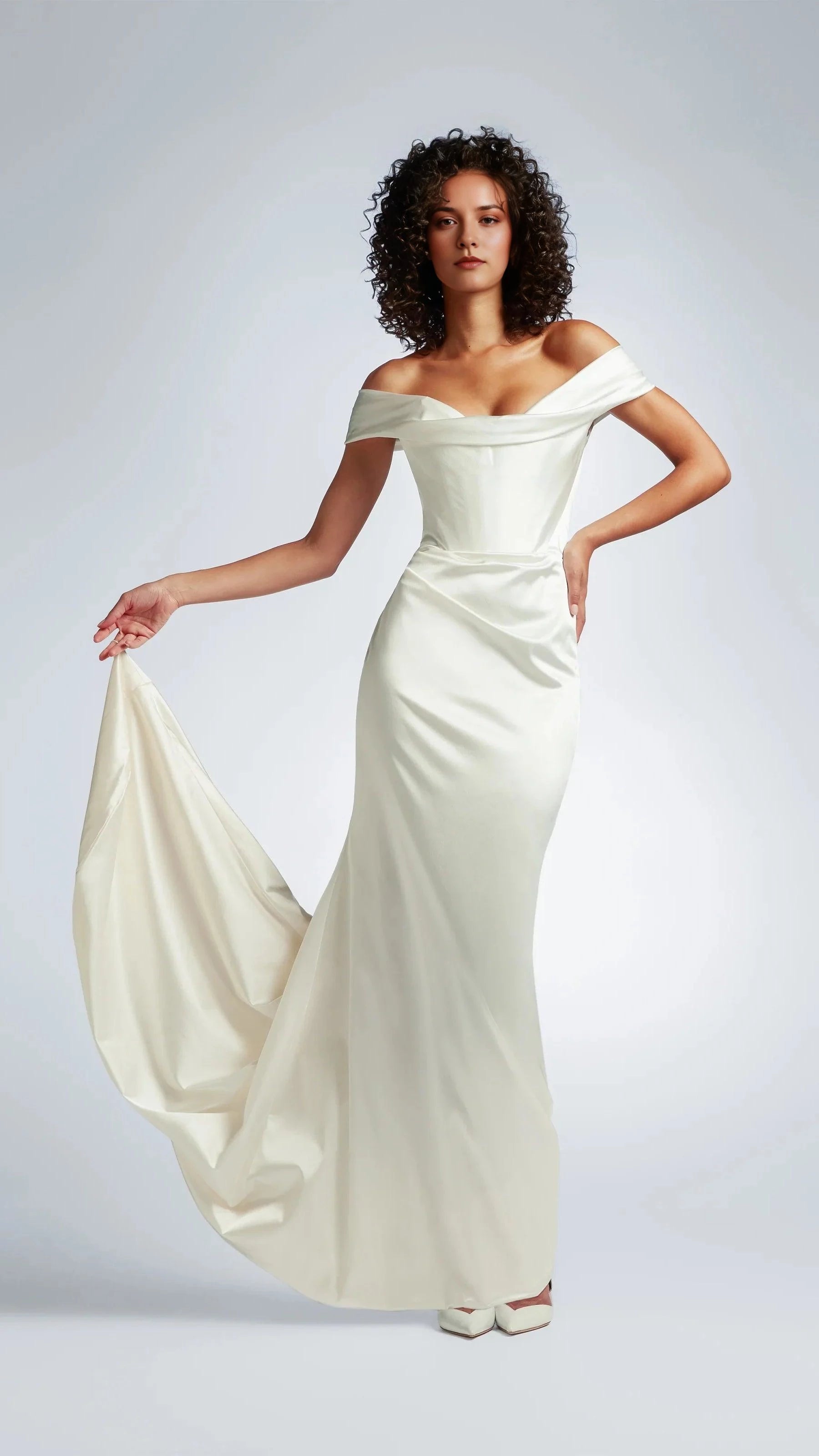 Chic Trumpet Off The Shoulder Sleeveless Zip Back Floor Length Wedding Dress
