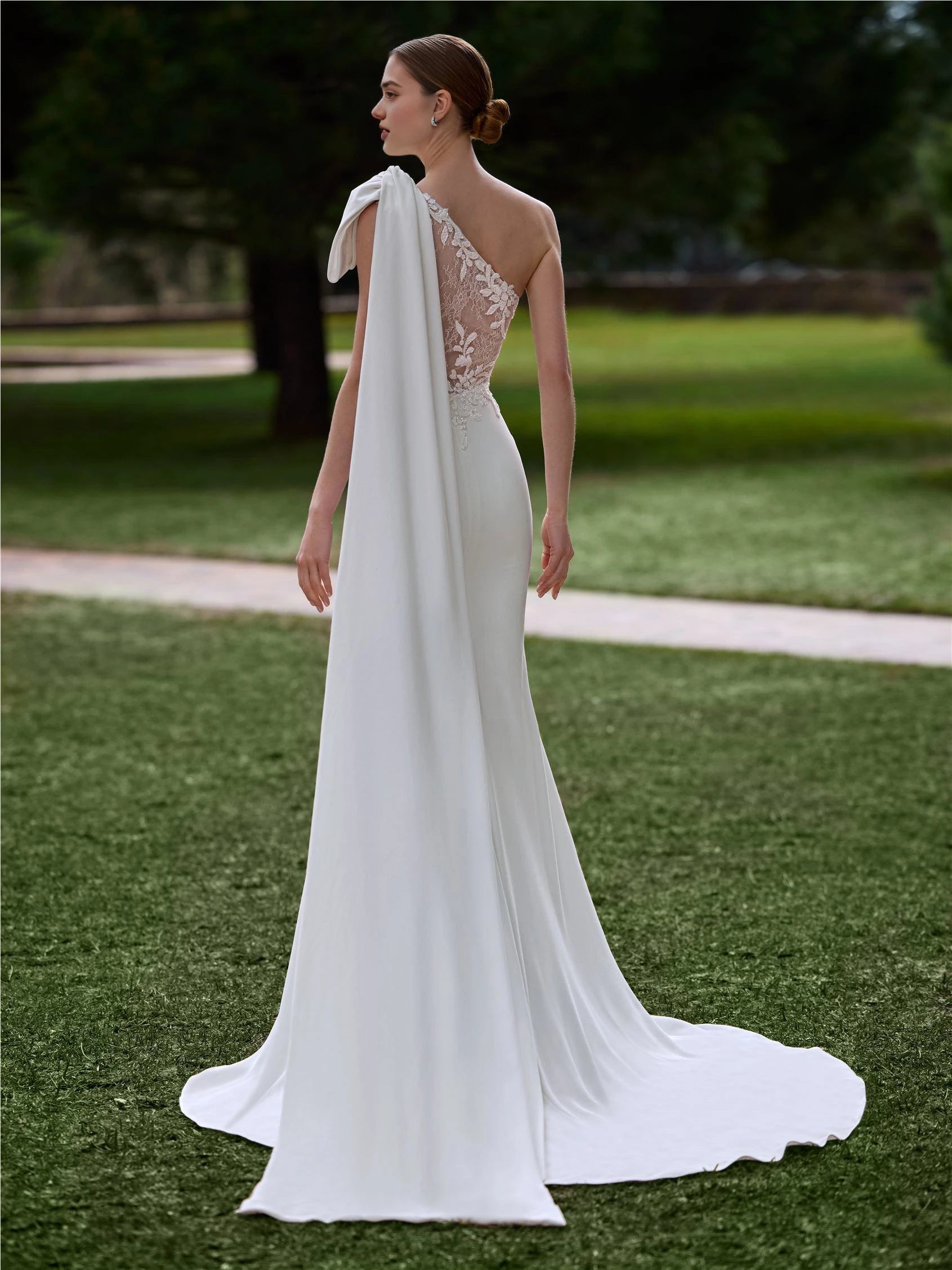 Chic Trumpet One Shoulder Cape Sleeve Lace Inset Back Floor Length Wedding Dress