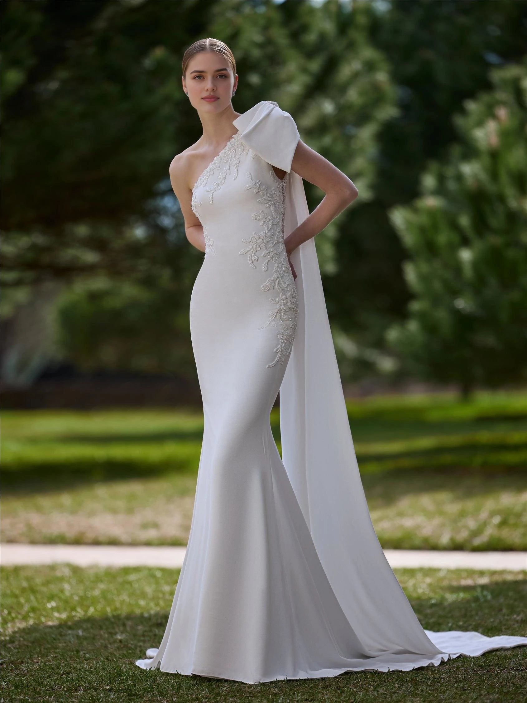 Chic Trumpet One Shoulder Cape Sleeve Lace Inset Back Floor Length Wedding Dress