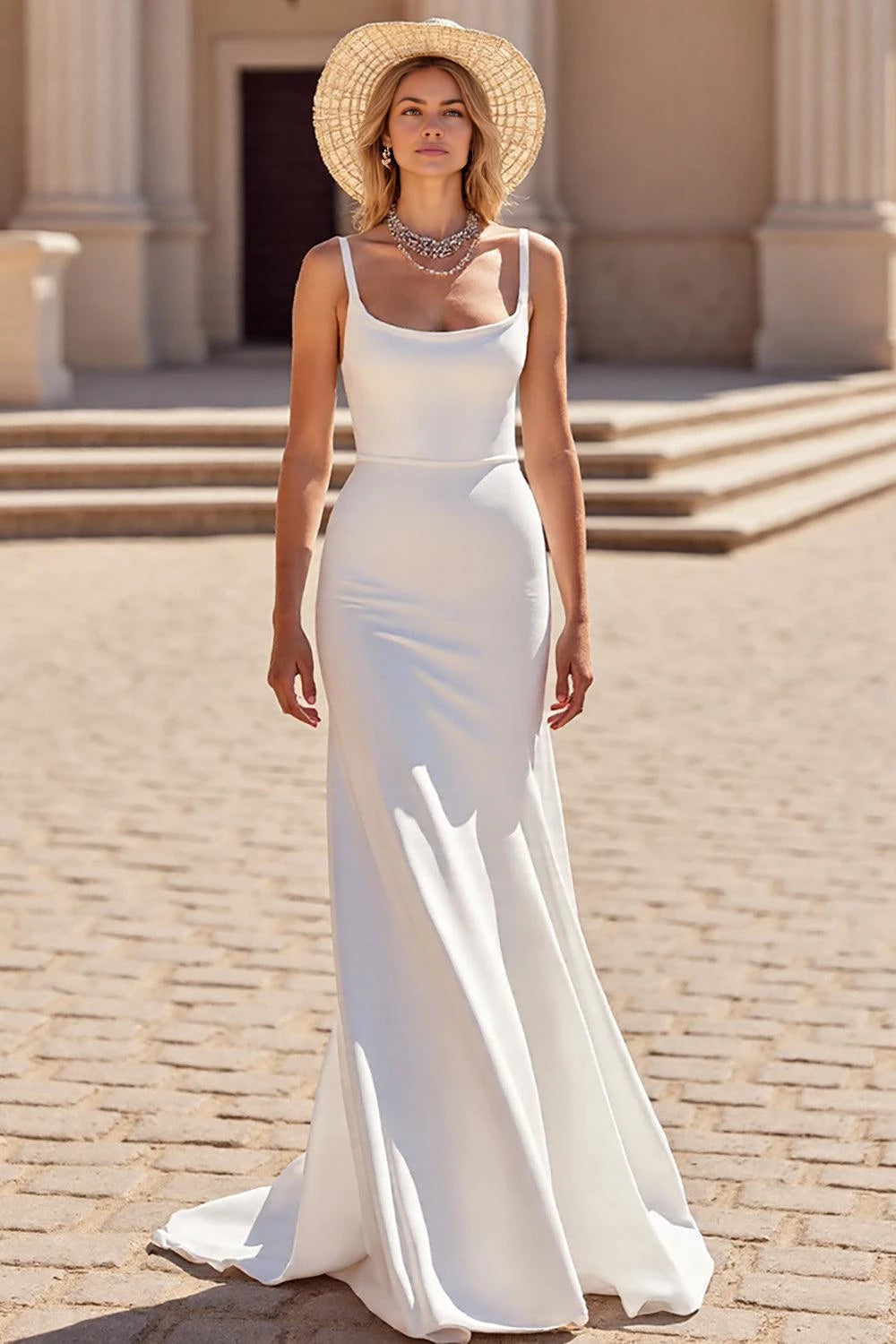 Chic Trumpet Square Neck Spaghetti Strap Zip Back Floor Length Wedding Dress