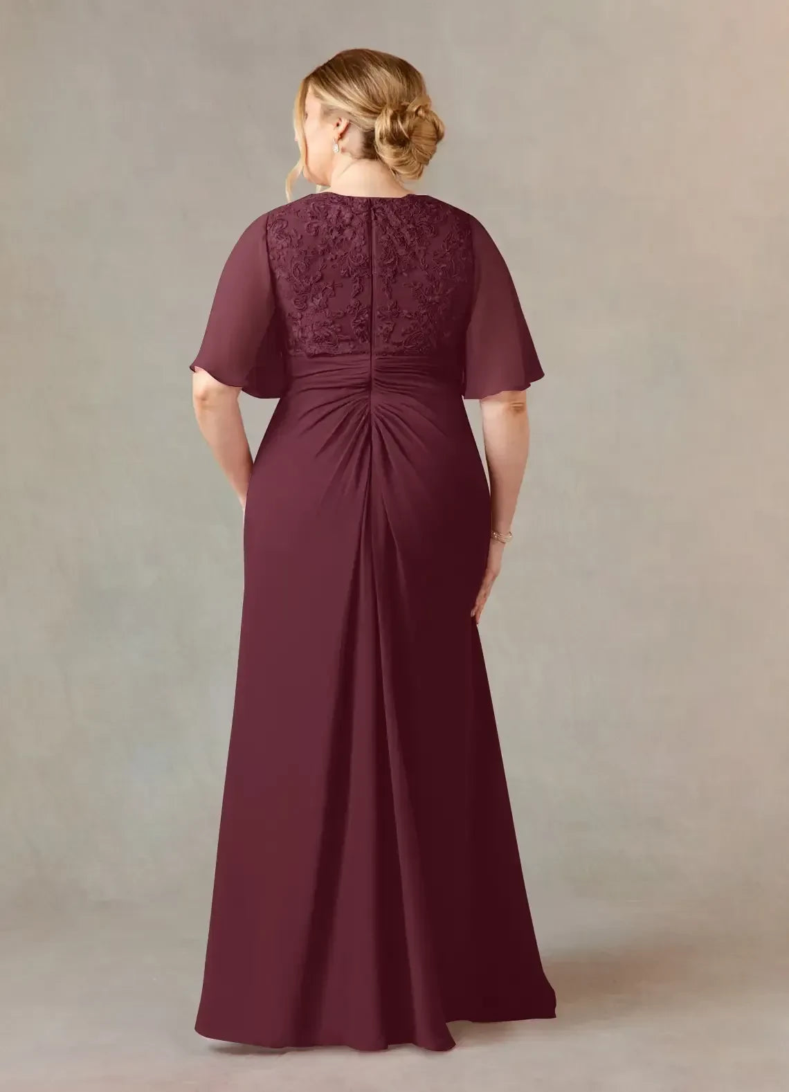 Chic Trumpet V neck Flutter Sleeve Lace Detailed Back Plus Size Floor Length Mother of the Bride Dress