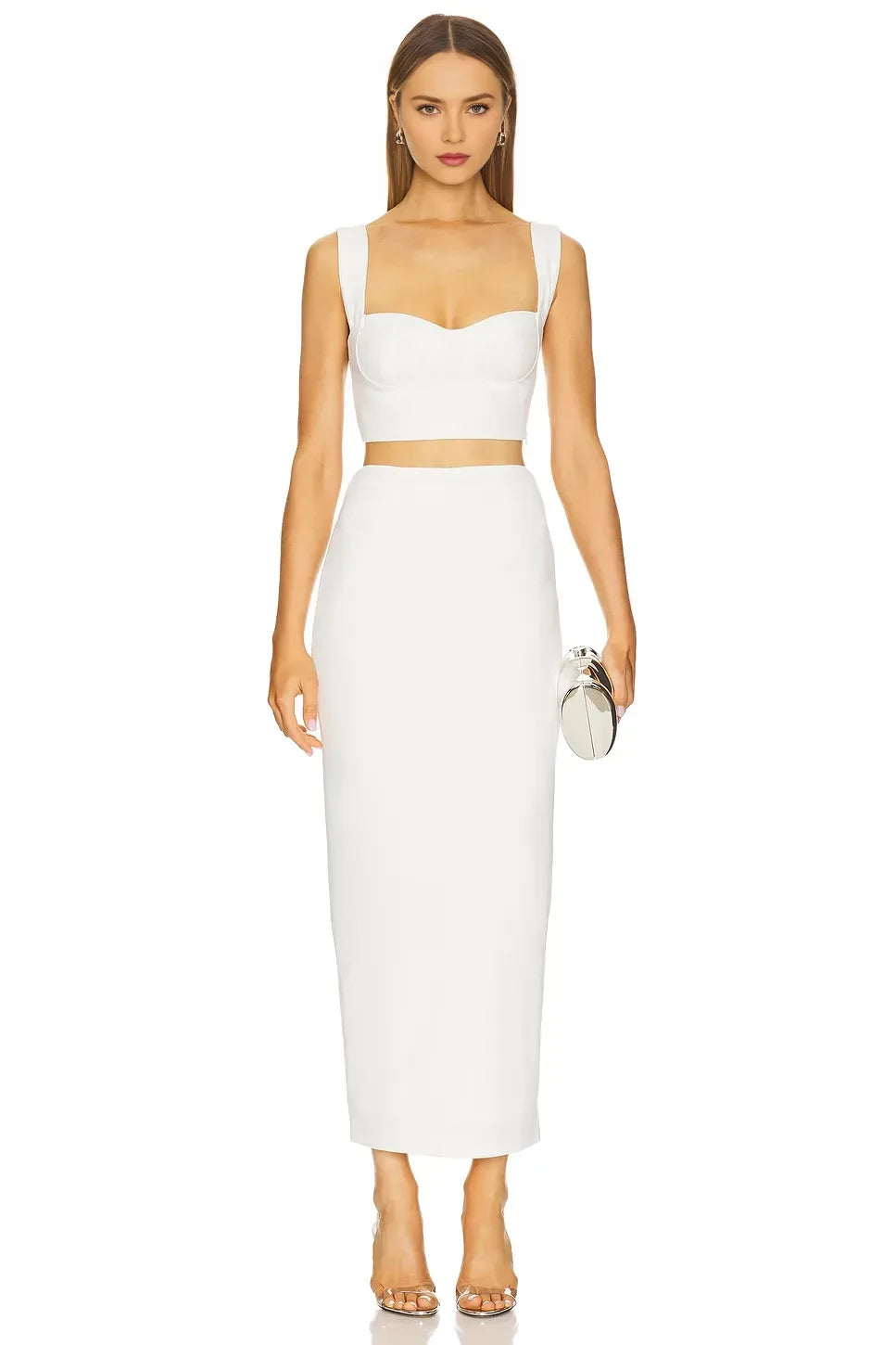 Chic Two Piece Square Neck Sleeveless Back Slit Midi Length Evening Dress