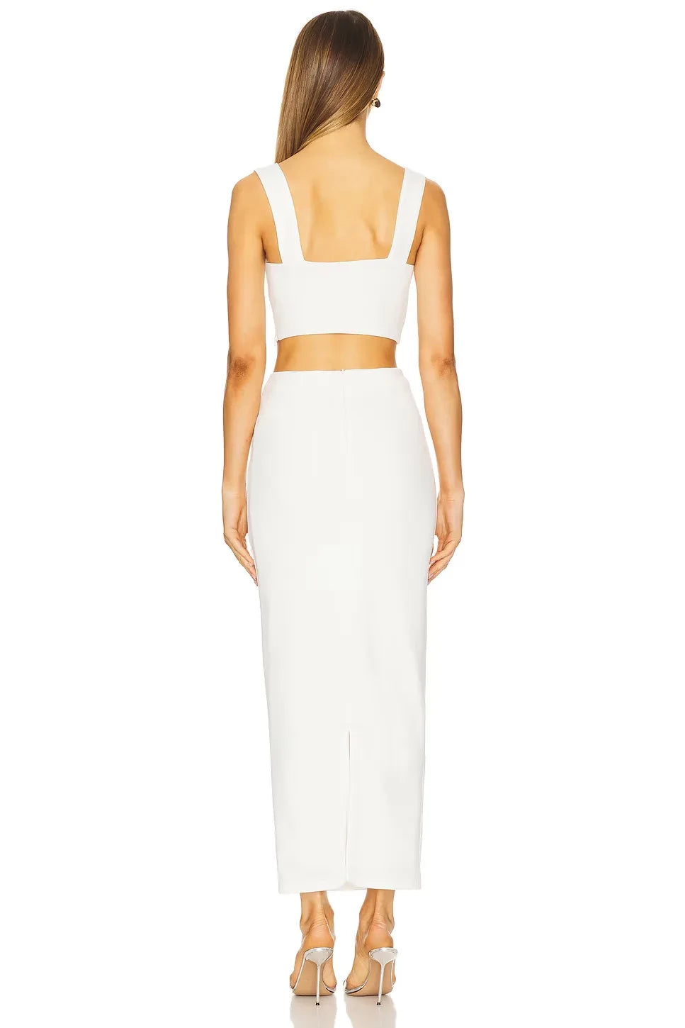 Chic Two Piece Square Neck Sleeveless Back Slit Midi Length Evening Dress