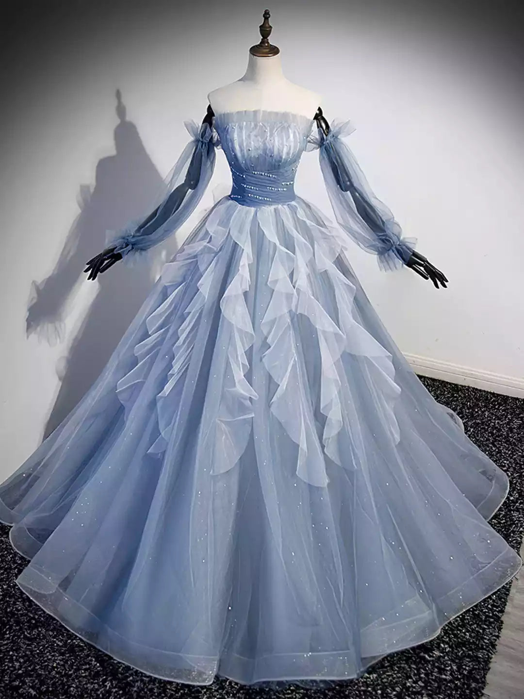 Chic A-Line Blue Strapless Tulle Long Prom Dress Formal Dress with Long Sleeves