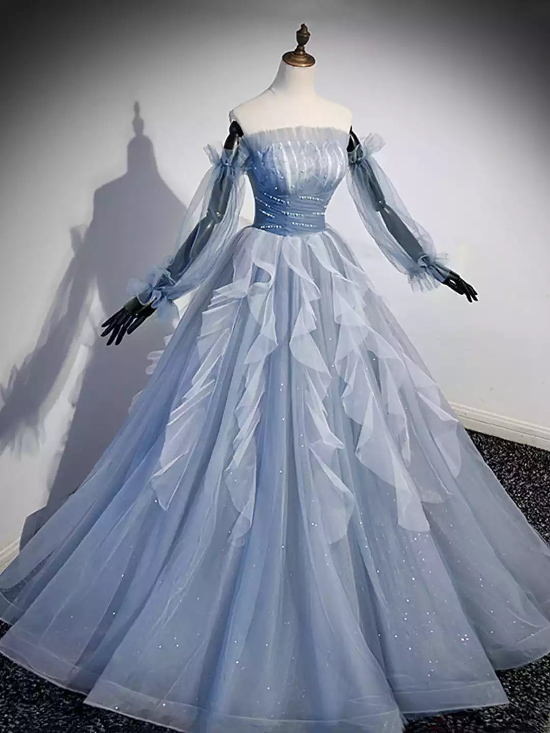 Chic A-Line Blue Strapless Tulle Long Prom Dress Formal Dress with Long Sleeves