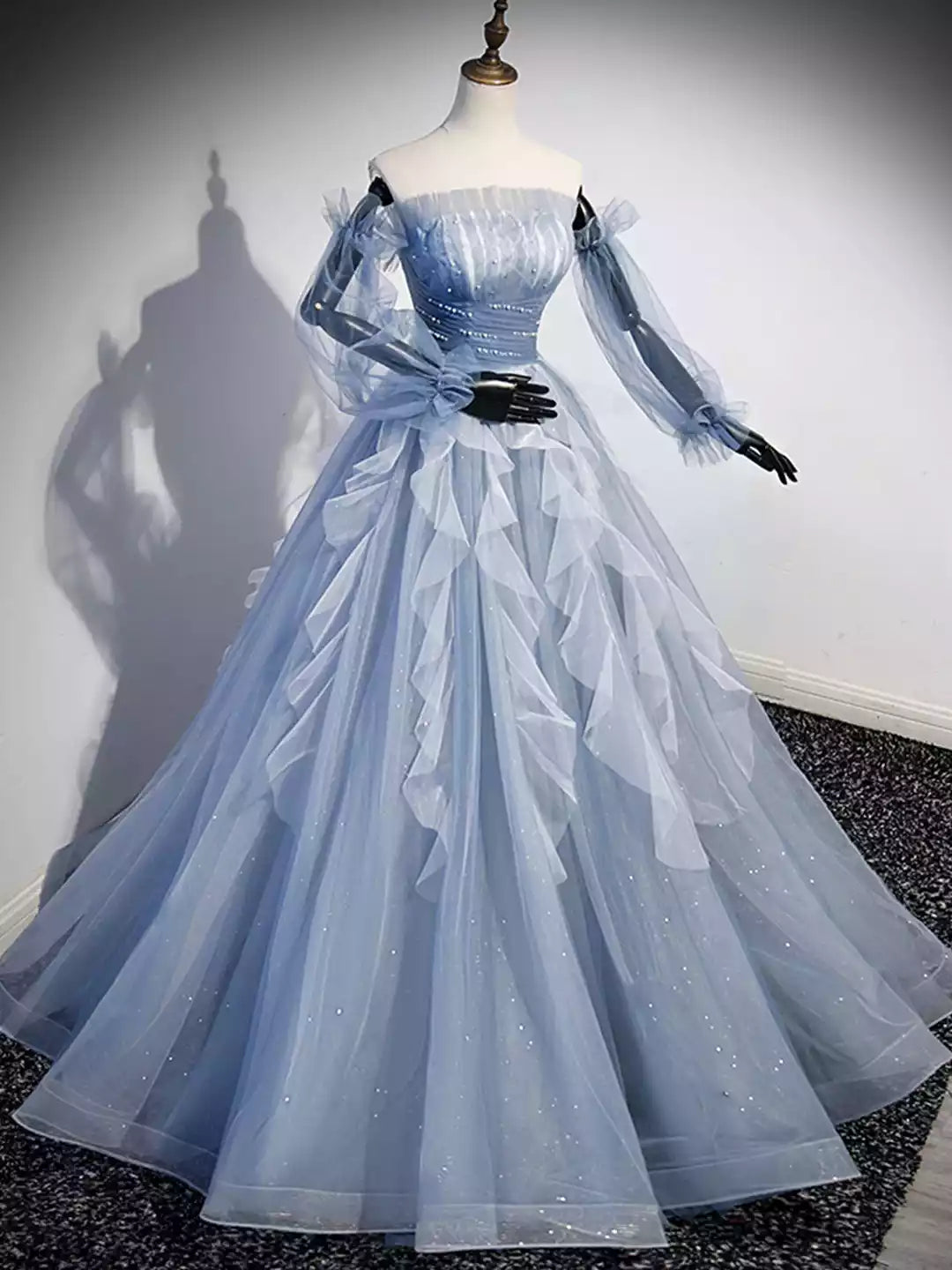 Chic A-Line Blue Strapless Tulle Long Prom Dress Formal Dress with Long Sleeves