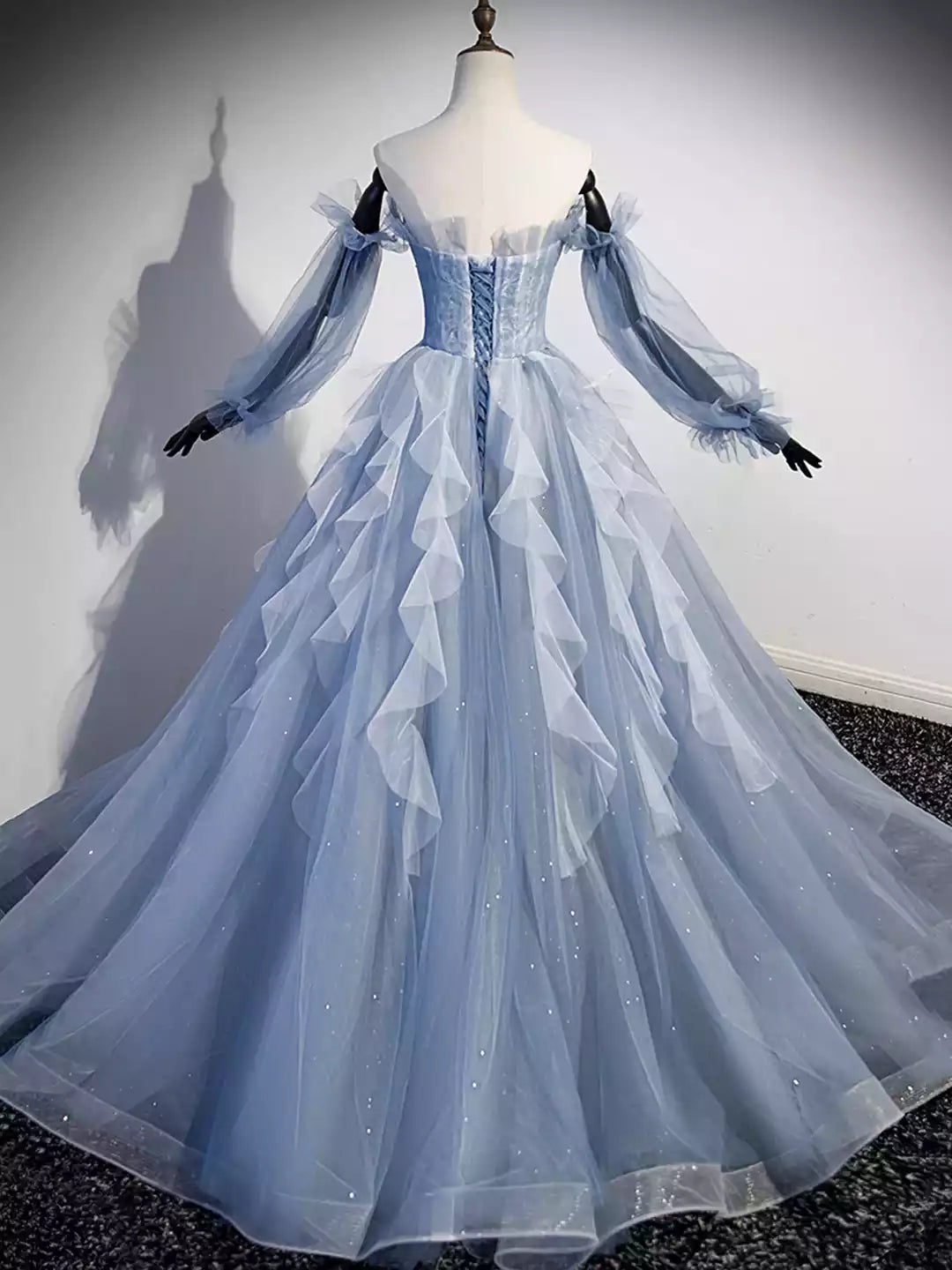 Chic A-Line Blue Strapless Tulle Long Prom Dress Formal Dress with Long Sleeves