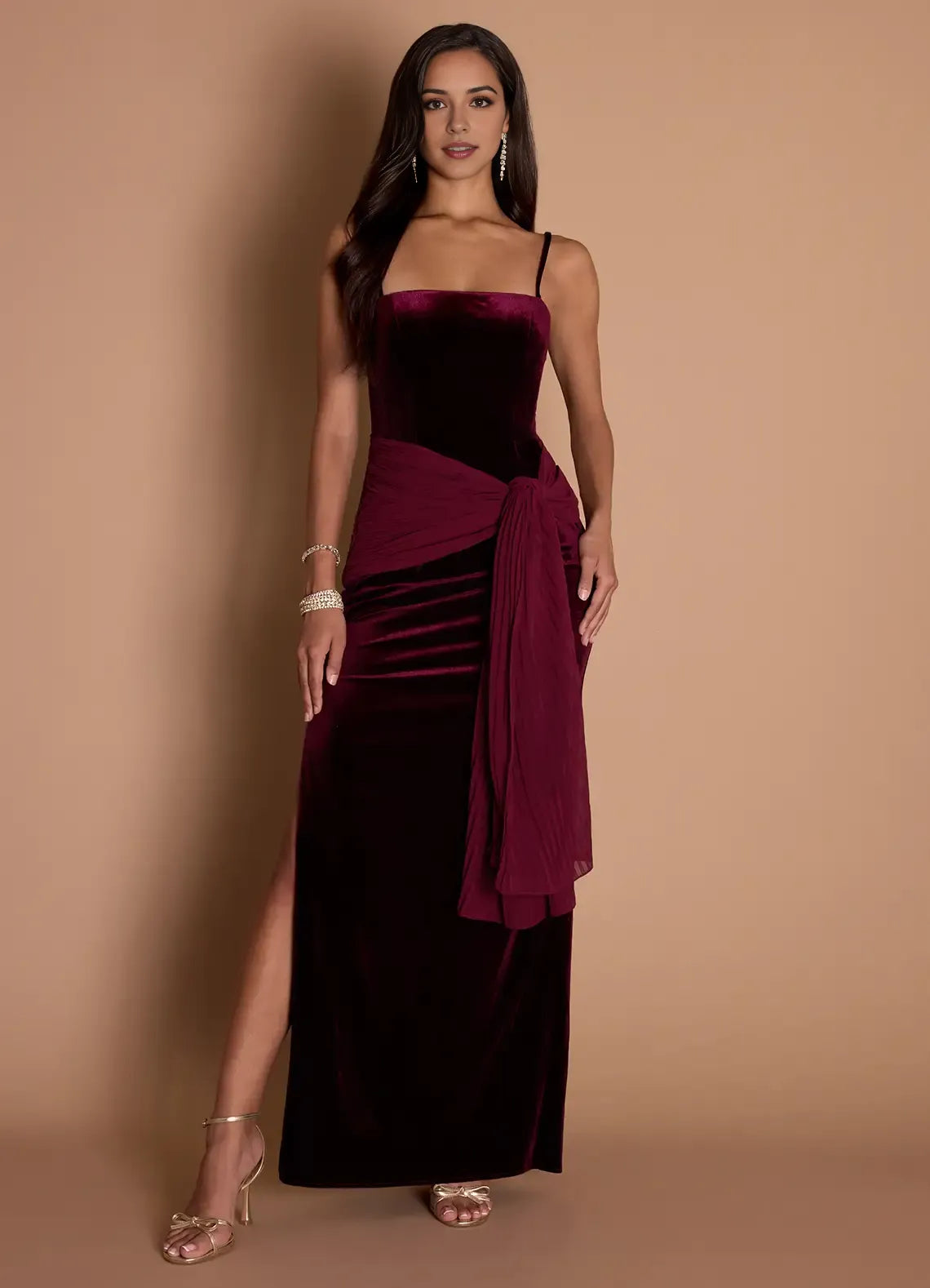 Chiffon Accent Spaghetti Strap Velvet Sheath Ruched Waist Open Back High Slit Floor Length For Sale Prom Dress