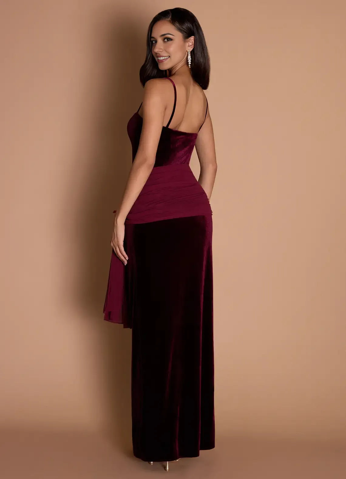 Chiffon Accent Spaghetti Strap Velvet Sheath Ruched Waist Open Back High Slit Floor Length For Sale Prom Dress