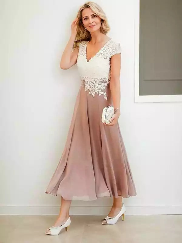 Chiffon A-Line Applique V-neck Short Sleeves Tea-Length Mother of the Bride Dresses