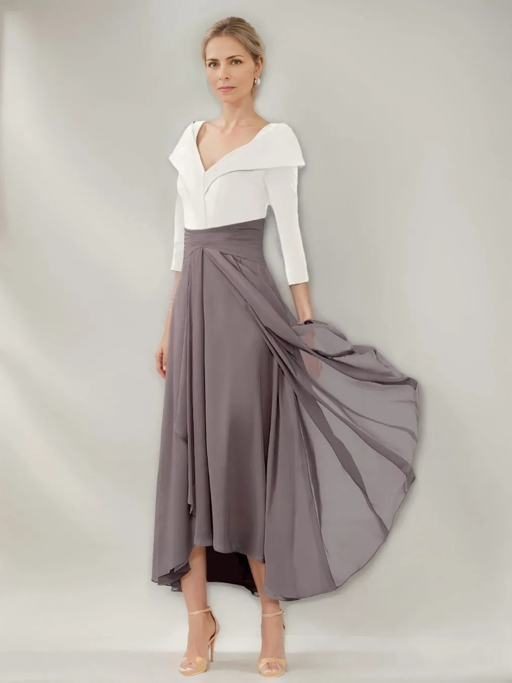 Chiffon A-Line V-Neck Long Sleeves Asymmetrical Pleated with Ruffles Mother of the Bride Dresses