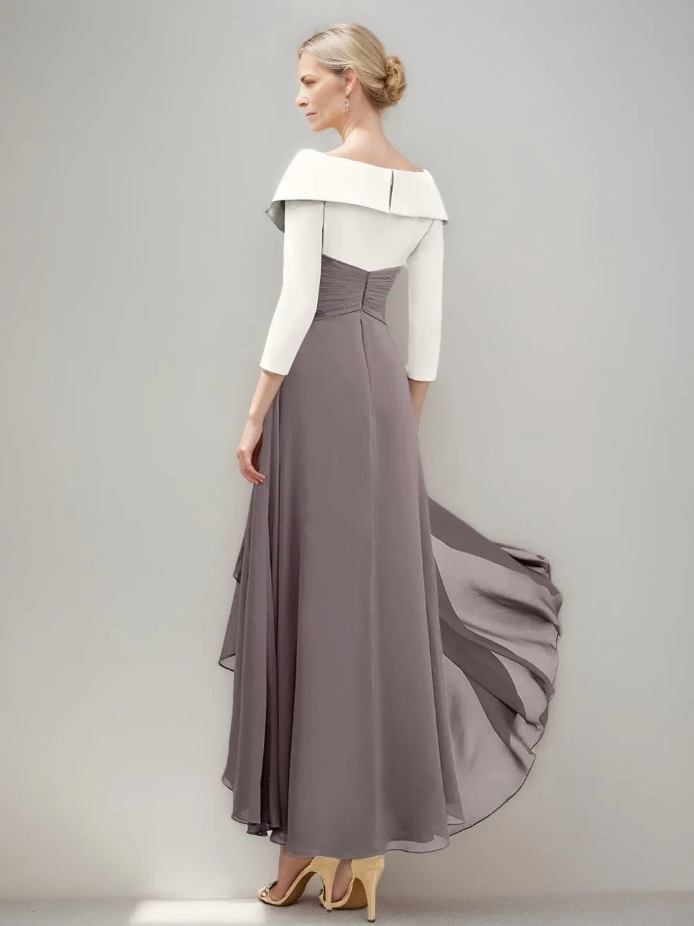 Chiffon A-Line V-Neck Long Sleeves Asymmetrical Pleated with Ruffles Mother of the Bride Dresses