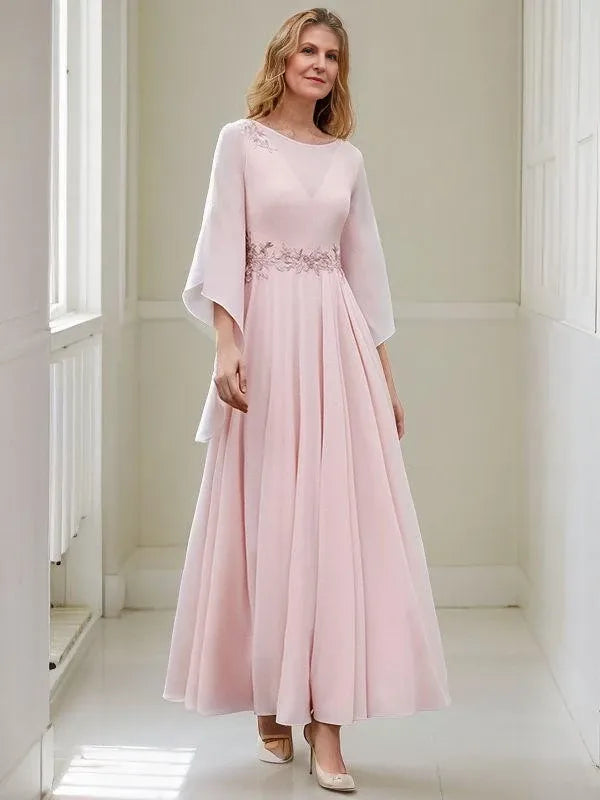 Chiffon Applique Scoop A-Line Long Sleeves Ankle-Length Mother of the Bride Dresses