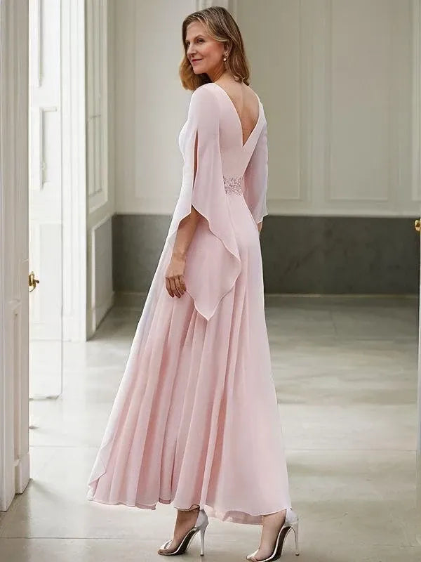 Chiffon Applique Scoop A-Line Long Sleeves Ankle-Length Mother of the Bride Dresses