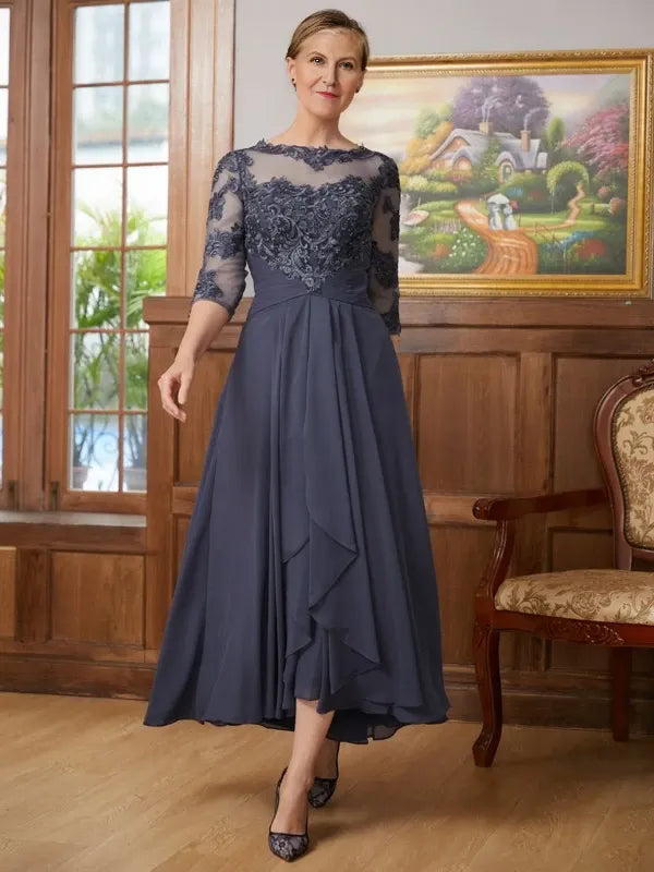 Chiffon Applique Scoop A-Line Short Sleeves Asymmetrical Mother of the Bride Dresses