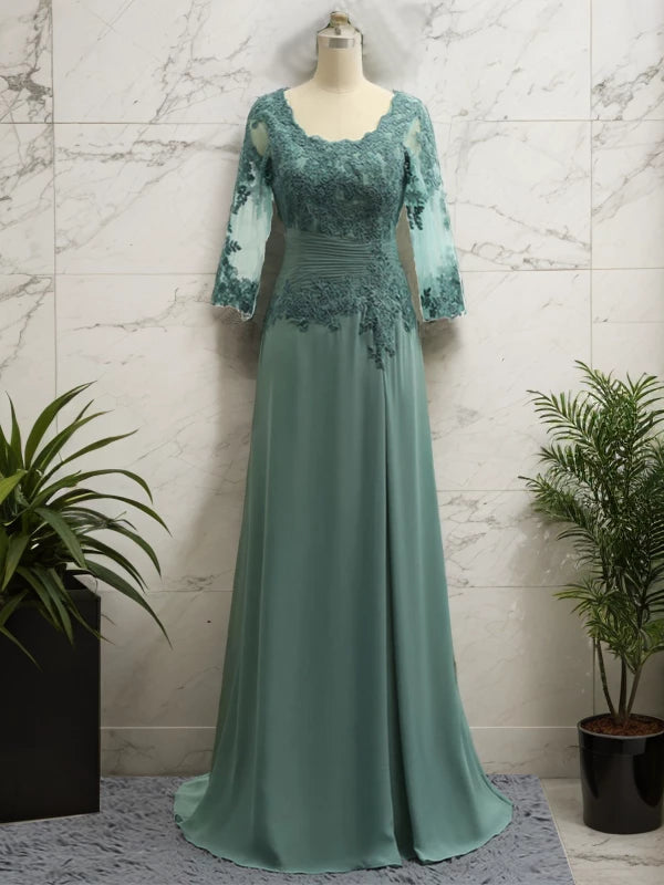 Chiffon Applique Scoop short Sleeves A-Line Sweep Train Mother of the Bride Dresses