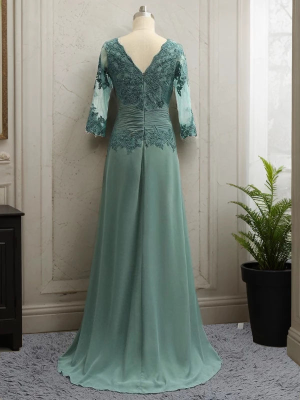 Chiffon Applique Scoop short Sleeves A-Line Sweep Train Mother of the Bride Dresses