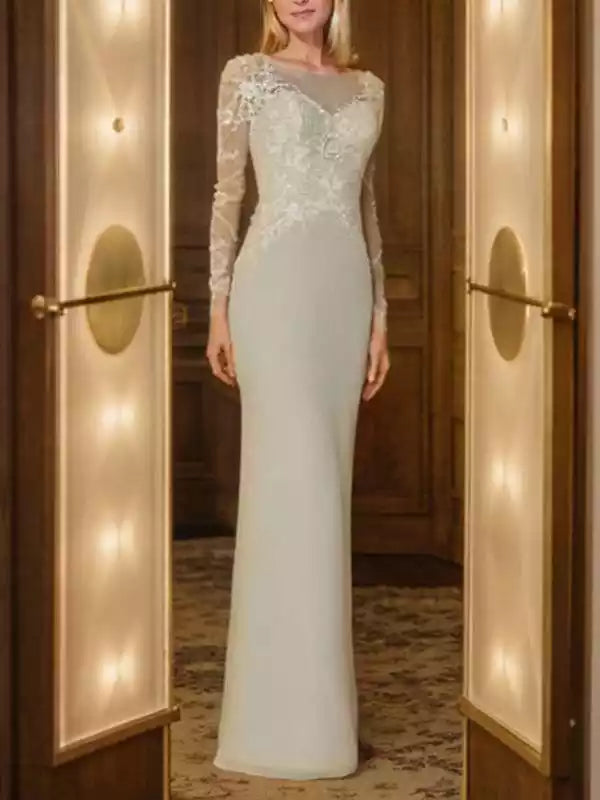 Chiffon Applique Sheath Scoop Long Sleeves Floor-Length Mother of the Bride Dresses