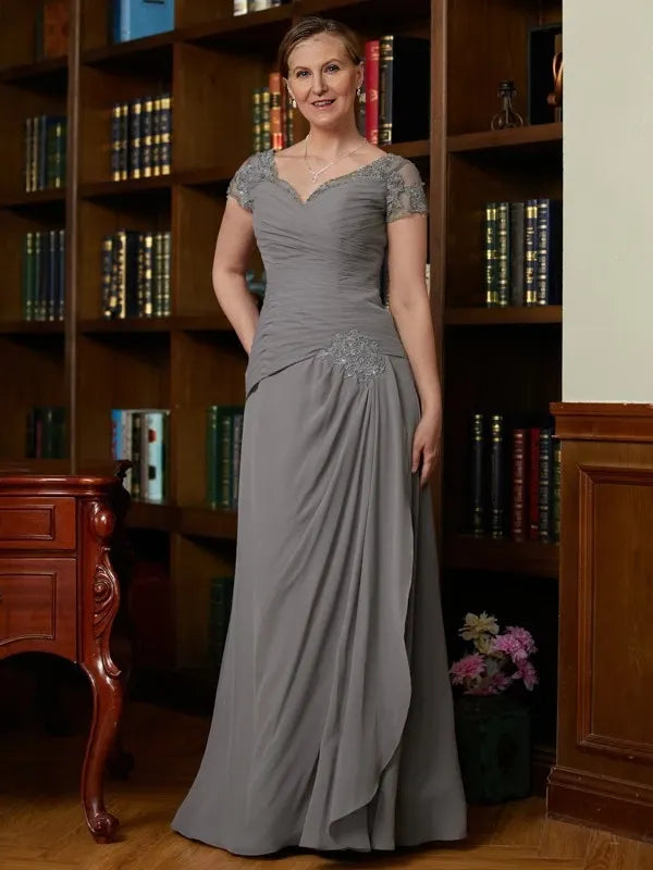 Chiffon Applique Sweetheart Princess Short Sleeves Floor-Length Mother of the Bride Dresses