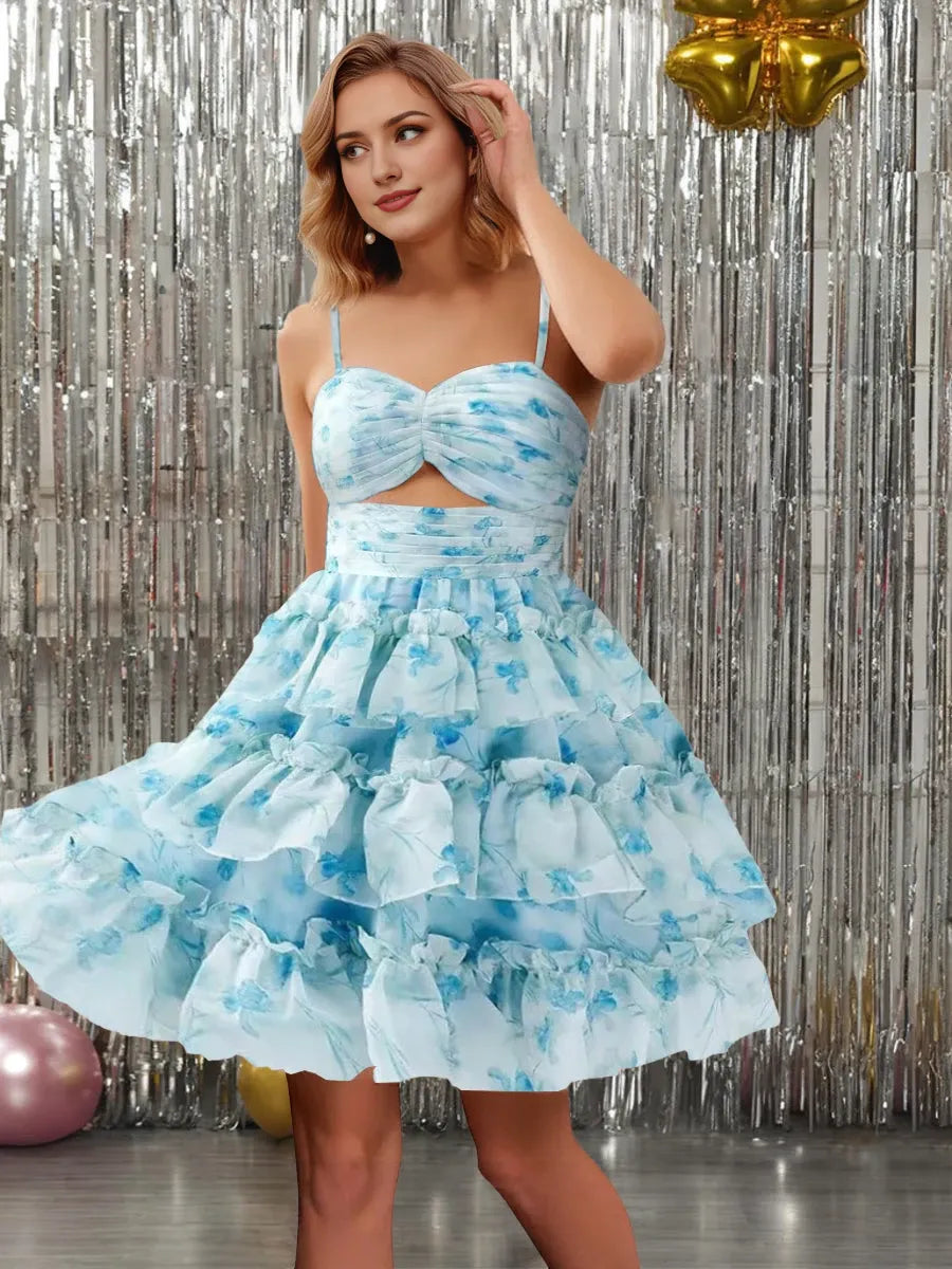 Chiffon Ball Gown Spaghetti Straps sleeveless Short with Ruffles Party Dresses Homecoming Dress