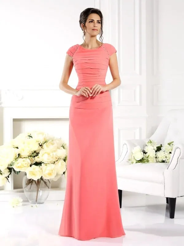 Chiffon Bateau Short Sleeves A-Line Floor-Length With Ruched Mother of the Bride Dresses
