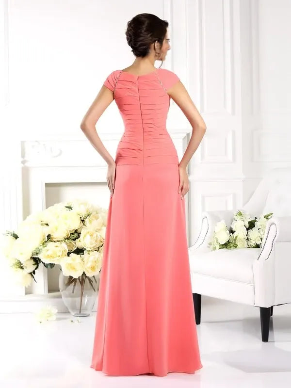 Chiffon Bateau Short Sleeves A-Line Floor-Length With Ruched Mother of the Bride Dresses